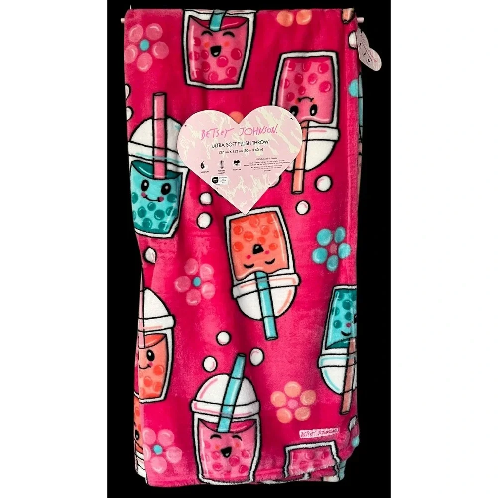 Betsey Johnson Pink Ultra Plush Boba Tea Drink Throw Blanket 50 x 60 NWT